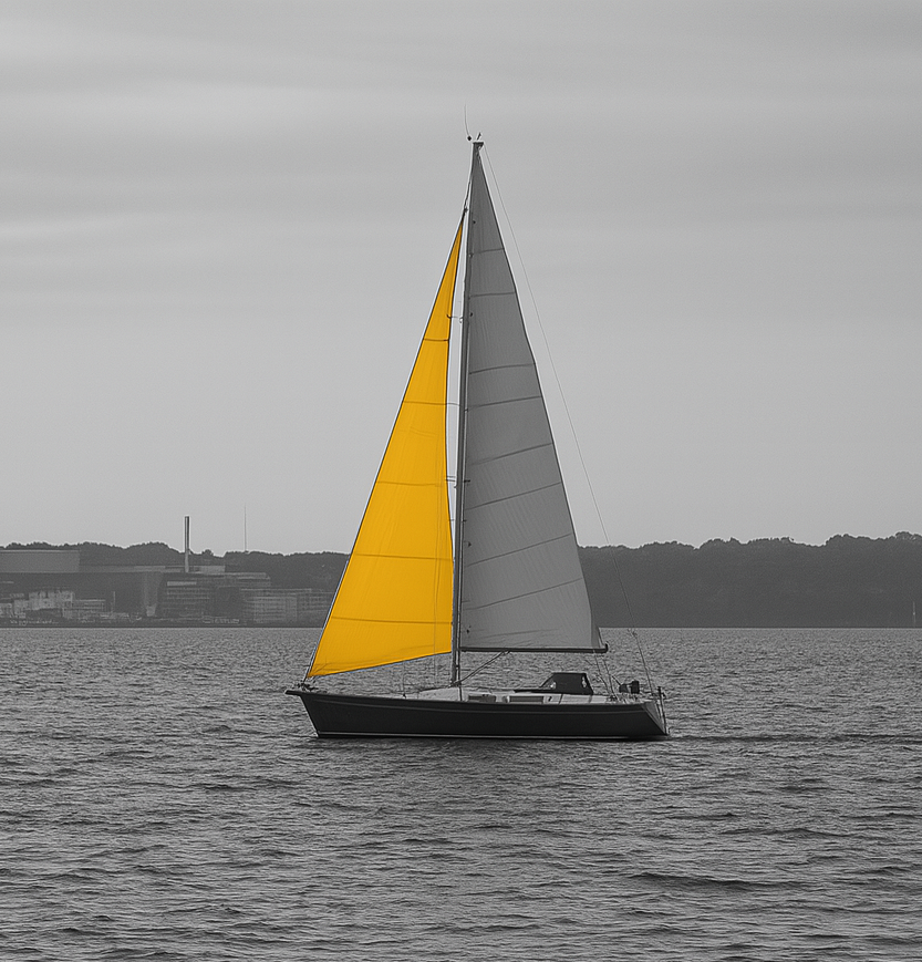 Ein Segelboot mit einem leuchtend gelben Segel auf ruhigem Wasser.
