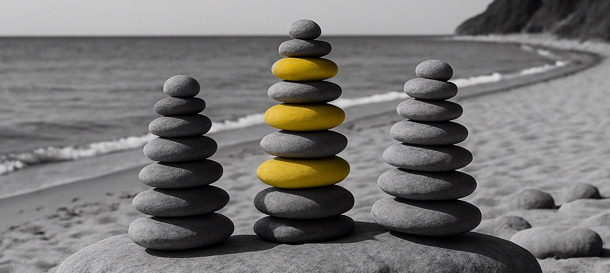 Drei Steinhaufen am Strand, einer in Gelb, der andere in Grautönen.