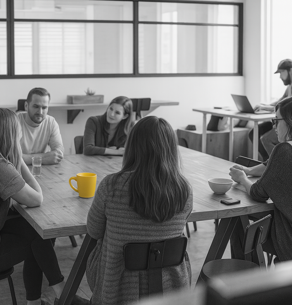 Ein Dalmatiner sitzt neben einem Haufen gelben Papier in einer Druckerei..