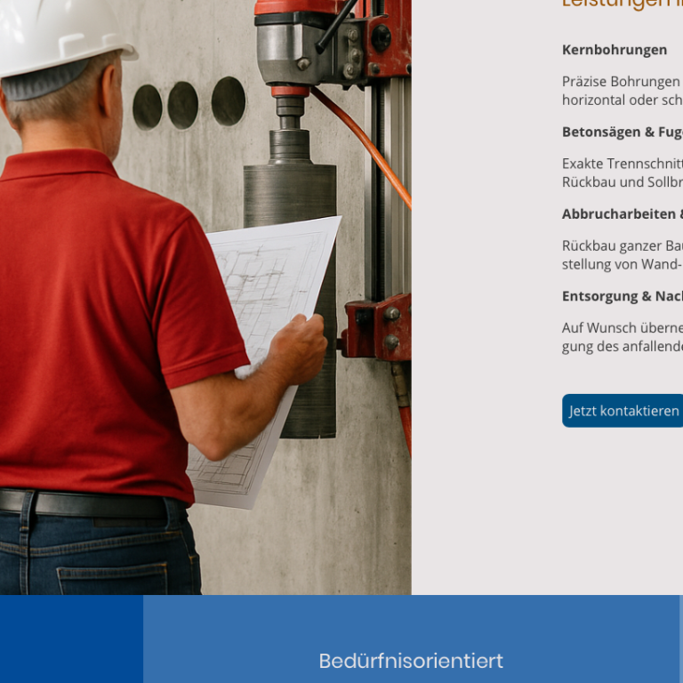 Mann mit Schutzhelm bohrt in eine Wand und hält Baupläne in der Hand.