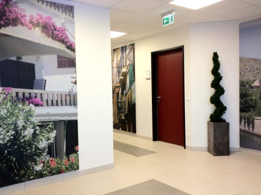 Innenansicht eines modernen Flurs mit Blumenmotiven und einem roten Tür.