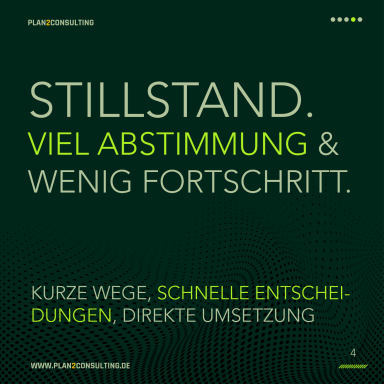 Text in grüner Schrift auf dunklem Hintergrund: "Stillstand. Viel Abstimmung & wenig Fortschritt."