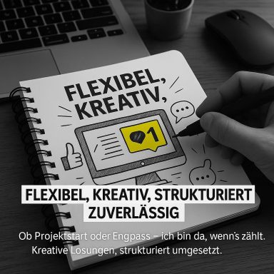 Notizblock mit dem Text "Flexibel, Kreativ, Strukturiert, Zuverlässig" und einem Laptop daneben.