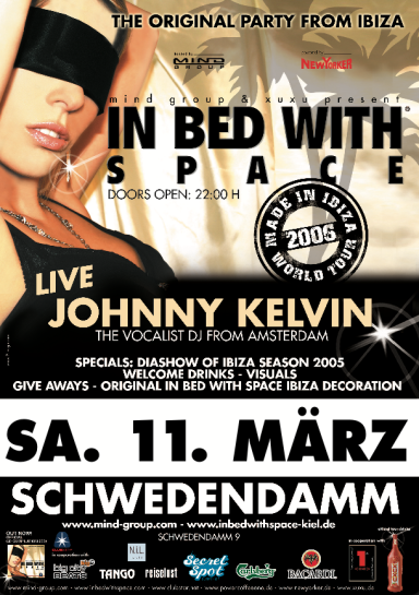 Plakat für die Veranstaltung "In Bed with Space" mit Informationen zu Datum, Ort und Künstler.