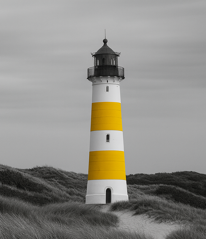 Gestreifter Leuchtturm mit gelben und weißen Streifen, umgeben von Dünen.