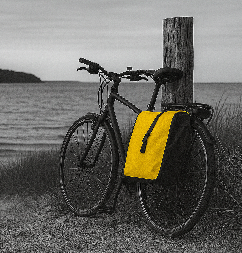 Schwarzes Fahrrad mit gelber Tasche steht an einem Pfosten am Strand.