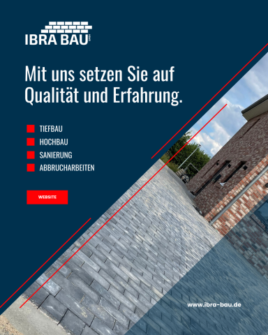 Logo von IBRA BAU mit Slogan zu Qualität und Erfahrung, Hintergrund zeigt eine gepflasterte Fläche.